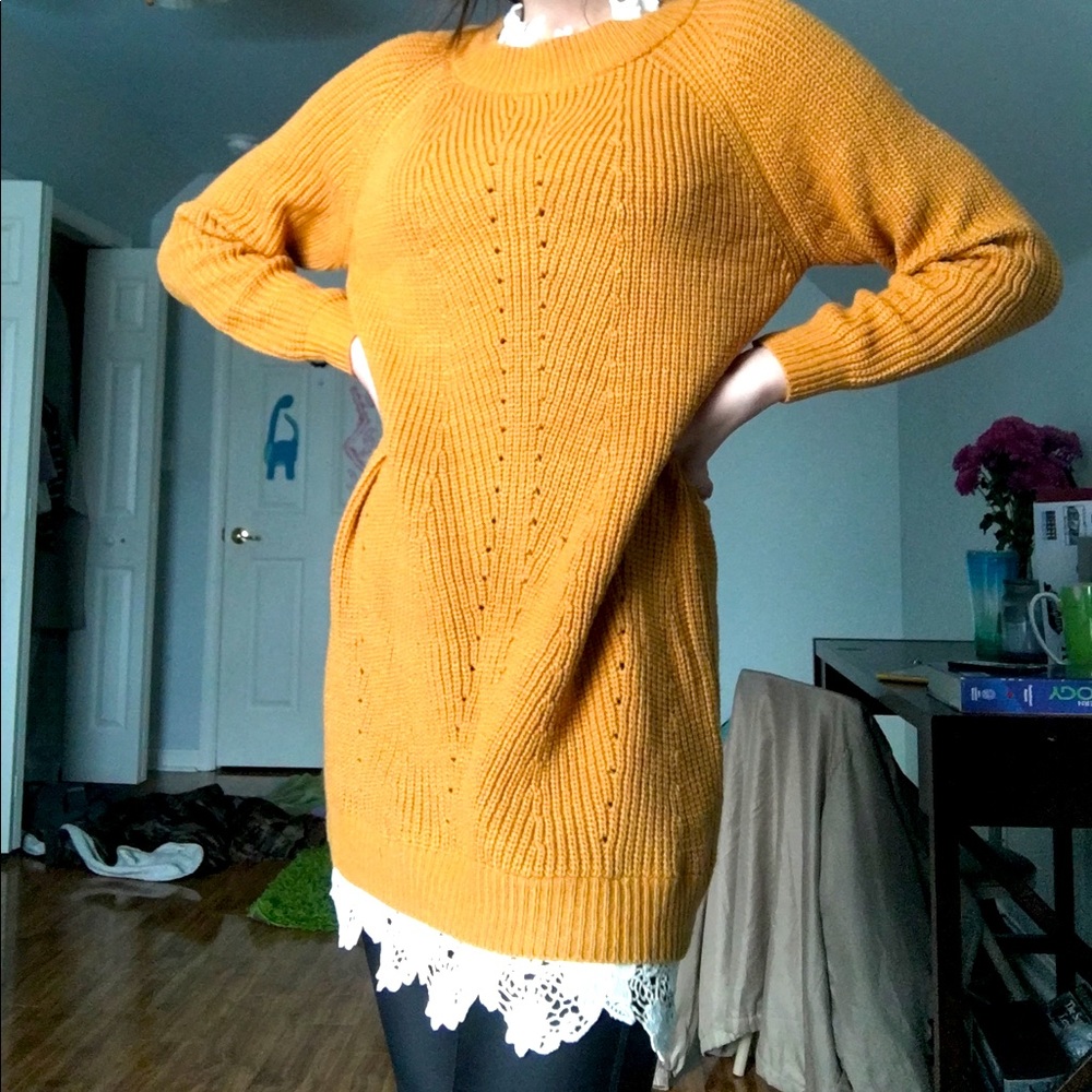Womens Bright Orange sweater dress with lace.